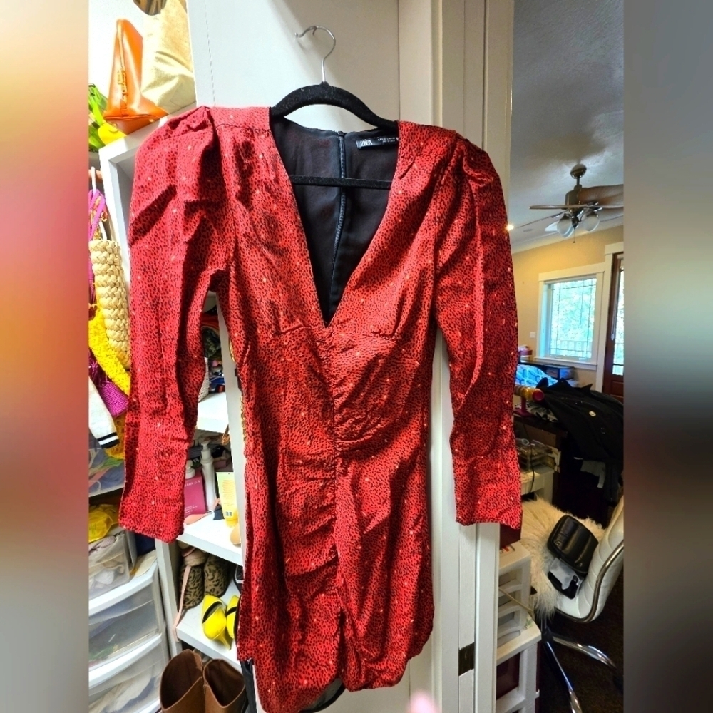 Red Sequin Dress with Puff Sleeves